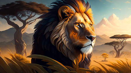 Lion in the savannah - digital illustration for your design.の素材