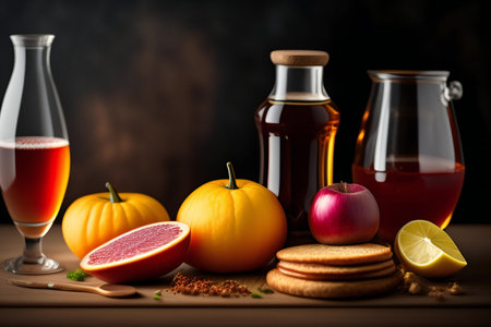 Autumn still life with fruits and wine on a dark background. 3d renderの素材