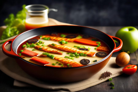 Vegetable soup with carrot, onion and mushrooms in a bowl. 3d renderの素材