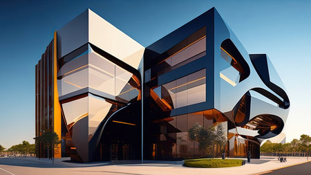 Modern office building exterior, 3d render. Business architecture concept.の素材