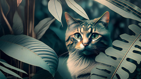 Portrait of a cat in the garden with monstera leaves.の素材