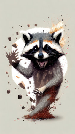funny raccoon with broken paper on a gray background. illustrationの素材