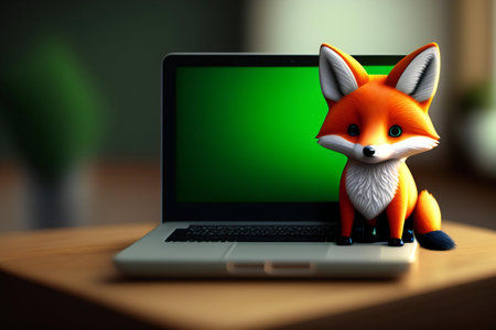 Cute fox sitting on laptop with green screen. Technology concept.の素材