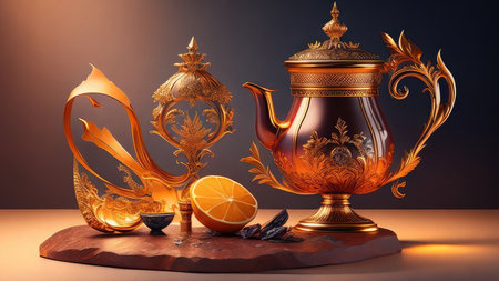 3d illustration of a golden teapot with lemon and mintの素材