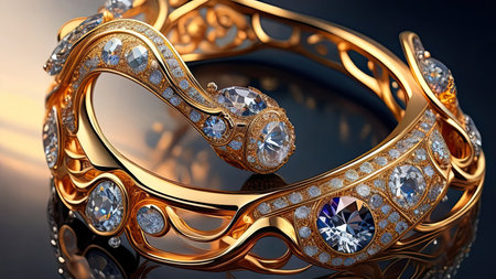 Golden ring with precious stones. Jewelry background. 3d illustrationの素材