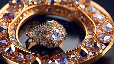Jewelry ring with precious stones. Jewelry background. 3d illustrationの素材