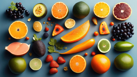 Variety of fresh fruits on blue background. Top view, flat lay. 3d renderの素材