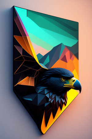 Eagle head with colorful geometric background. 3d render illustration.の素材