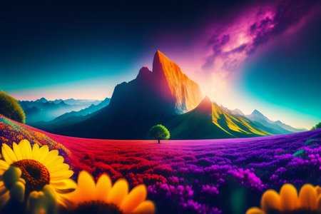 Beautiful landscape with sunflowers and mountains at sunrise. 3d renderingの素材