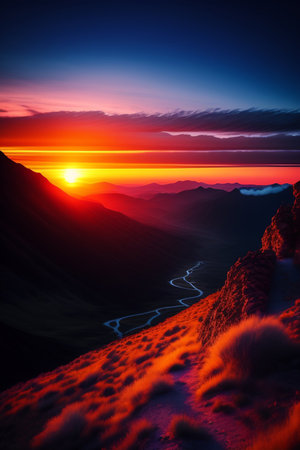 Fantasy landscape. Sunrise over the mountain range. 3d illustrationの素材