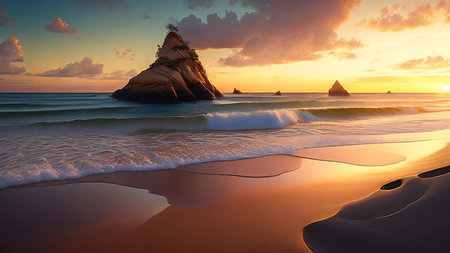 Tropical beach at sunrise. Nature composition. 3d renderの素材