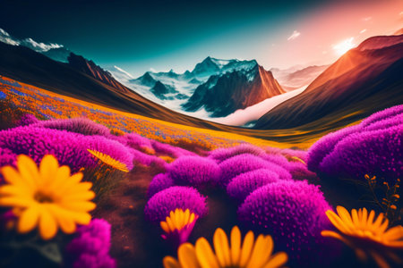 Fantasy landscape. Mountain meadow with flowers. 3d illustrationの素材