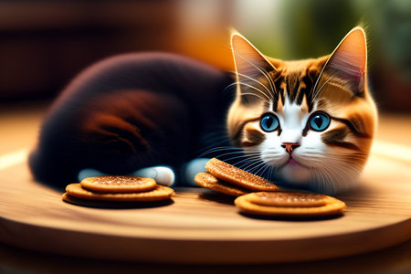 Cute ginger cat eating cookies on a wooden plate with blurred backgroundの素材