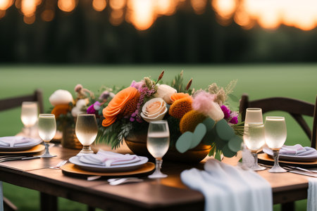 Wedding table setting in garden at sunset, close-upの素材