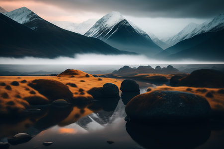 Beautiful landscape of New Zealand alps and lake at sunset.の素材