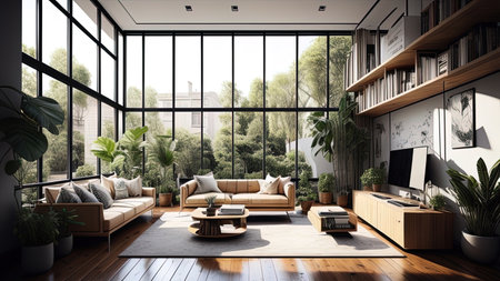 Interior of modern living room with panoramic window and wooden floor. 3d renderingの素材