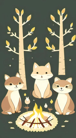 Vector illustration of family of foxes sitting by the campfire.の素材