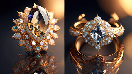 Jewelry gold ring with precious stones. 3d illustration.の素材
