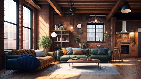 Interior of modern loft living room with brick walls, wooden floor, comfortable sofa and coffee table. 3d renderingの素材