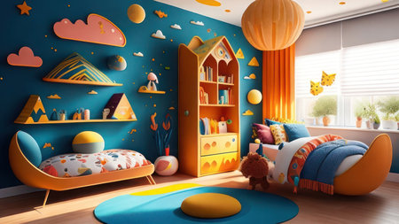 3d render of children's room with yellow furniture and toys.の素材