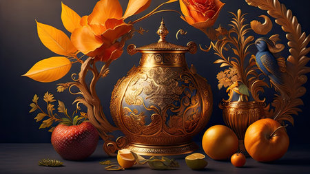 Still life with golden vase and pumpkins. 3d renderの素材