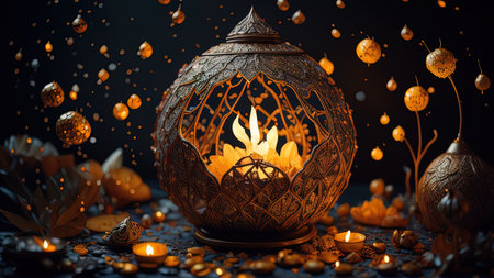Burning candle in a decorative candlestick with autumn leaves. 3d renderingの素材