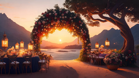 Wedding arch decorated with flowers on the beach. 3D renderingの素材