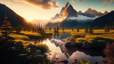 Mountain landscape with lake and reflection in it at sunrise. 3d renderの素材