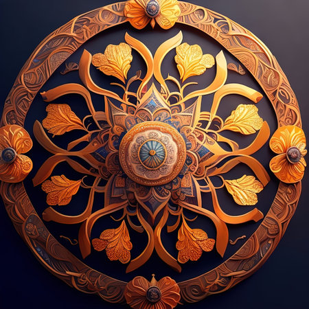 Ornament in the form of a circle on a dark background.の素材