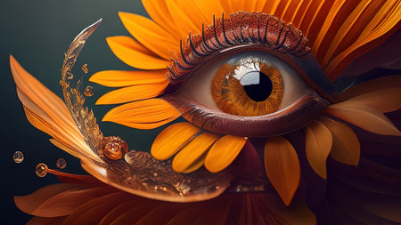 Beautiful female eye with flower petals. 3D illustration.の素材