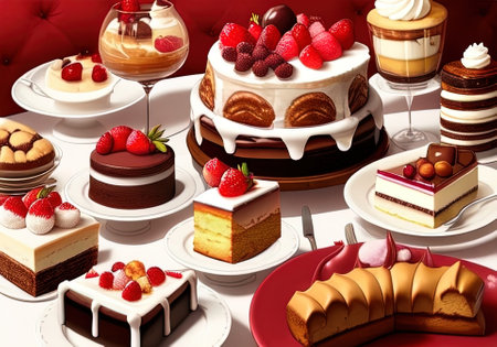 3d rendering of a variety of cakes on a white background.の素材