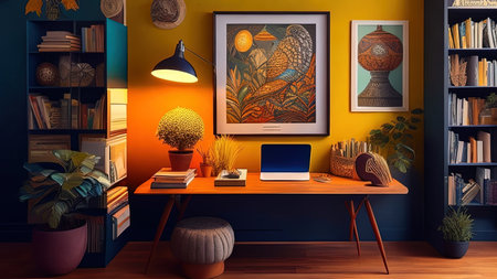 Interior of a living room with bookshelf, bookshelf, computer, lamp and plant. 3d renderingの素材