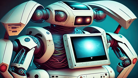 Group of robots with electronic devices. 3D rendering toned imageの素材