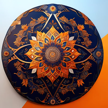 3d render of mandala with floral ornament on orange and blue backgroundの素材