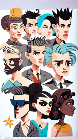 Group of people with different hairstyles. Vector illustration in retro style.の素材
