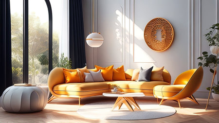 Interior of modern living room with yellow sofa. 3d renderの素材