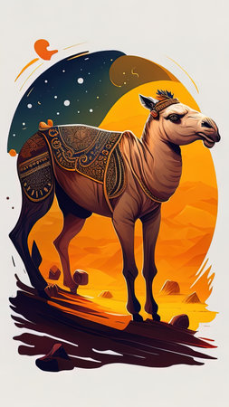 Camel on the background of the moon and stars. Vector illustrationの素材