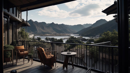 Luxury terrace overlooking the lake and mountains. 3d renderingの素材