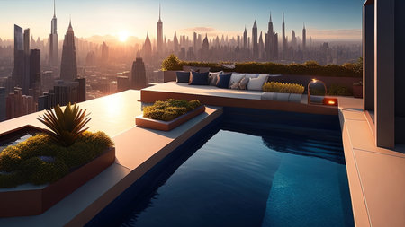 3D render of a modern living room with a swimming pool overlooking the cityの素材