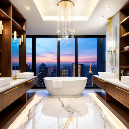 Bathroom interior with a panoramic view on the city. 3D renderingの素材