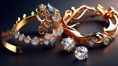 Jewelry ring with precious stones on black background. 3d illustrationの素材