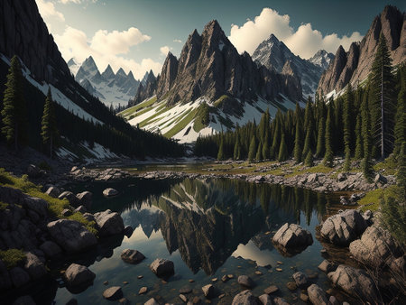 Mountain lake with reflection in the water. 3d illustration.の素材