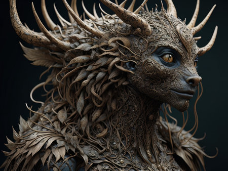 3d rendering of a fantasy dragon with horns on a black backgroundの素材