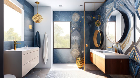 Bathroom interior with black walls, tiled floor, white bathtub and round mirror. ai generatedの素材