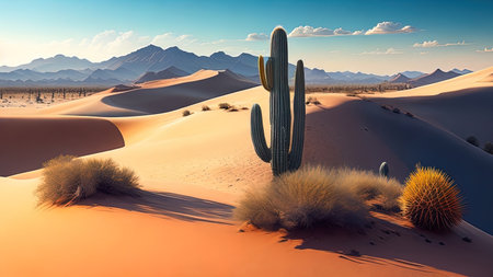 Desert landscape with cactuses and mountains. ai generatedの素材