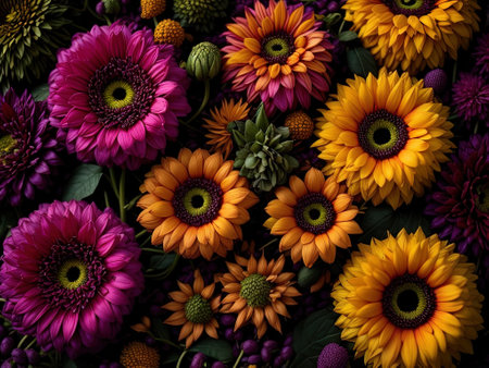 Colorful autumn flowers as background, top view. Floral pattern. ai generatedの素材