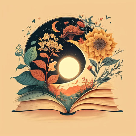 Illustration of a book with moon and flowers. Vector illustration. ai generatedの素材