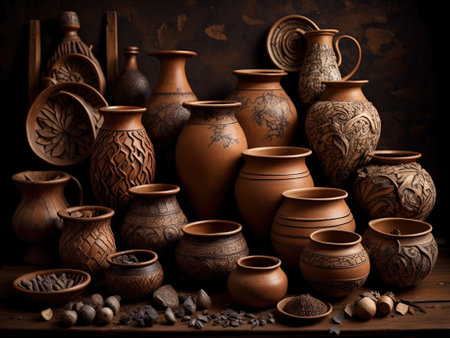 Still life with clay pots on a dark background. ai generatedの素材