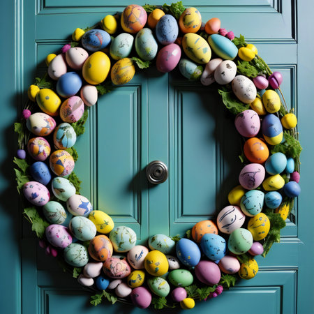 Colorful Easter eggs in a wreath on turquoise door. ai generatedの素材