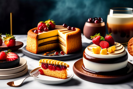 Chocolate cake with cream and berries on a dark background. Selective focus.の素材